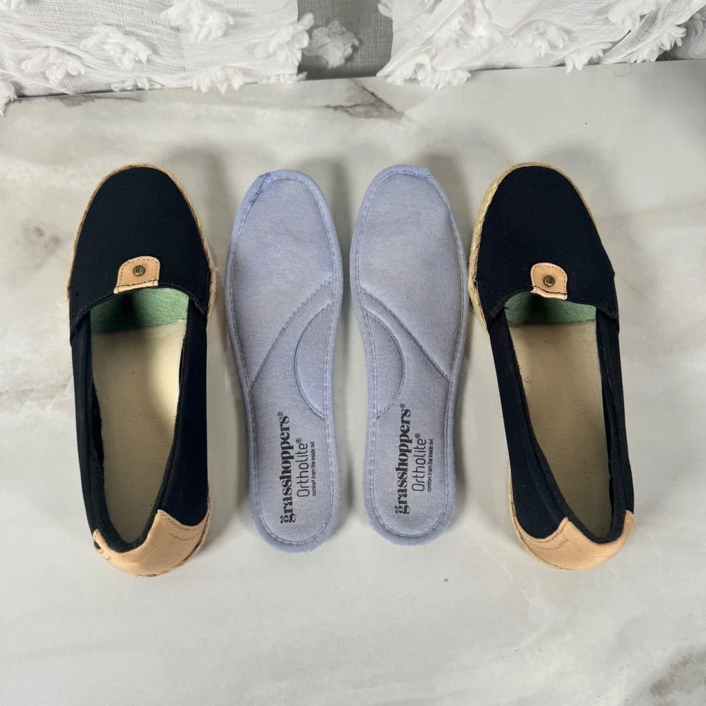 Grasshoppers Canvas Espadrilles Flats Comfort Shoes Black Tan Slip On Neutral 6N